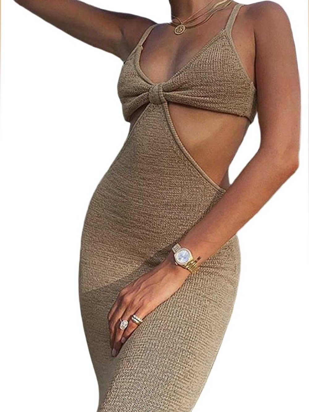 Khaki Runched Bust Split Thigh Backless Bodycon Dress - Picture 5 of 6